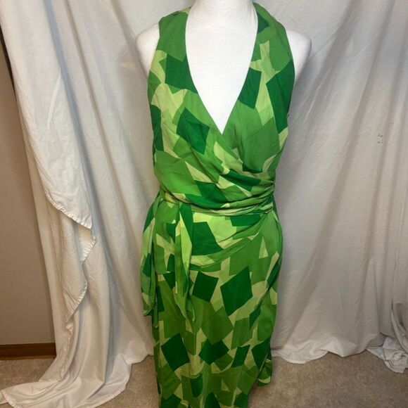 Donna Ricco Green Pattern Print Maxi Dress Tie V Neck Womens Stylish - Picture 1 of 6